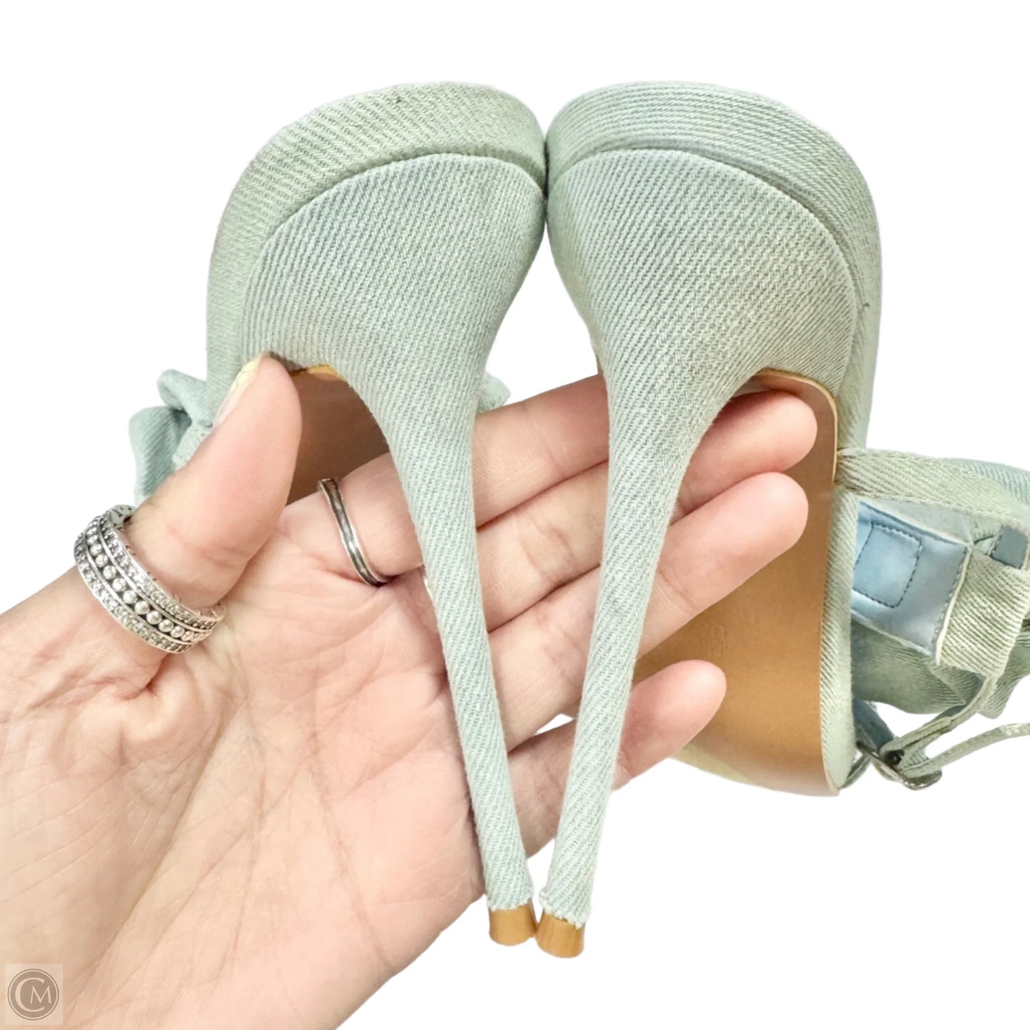 Sandals Heels Stiletto By Pretty Little Thing In Blue Denim, Size: 9