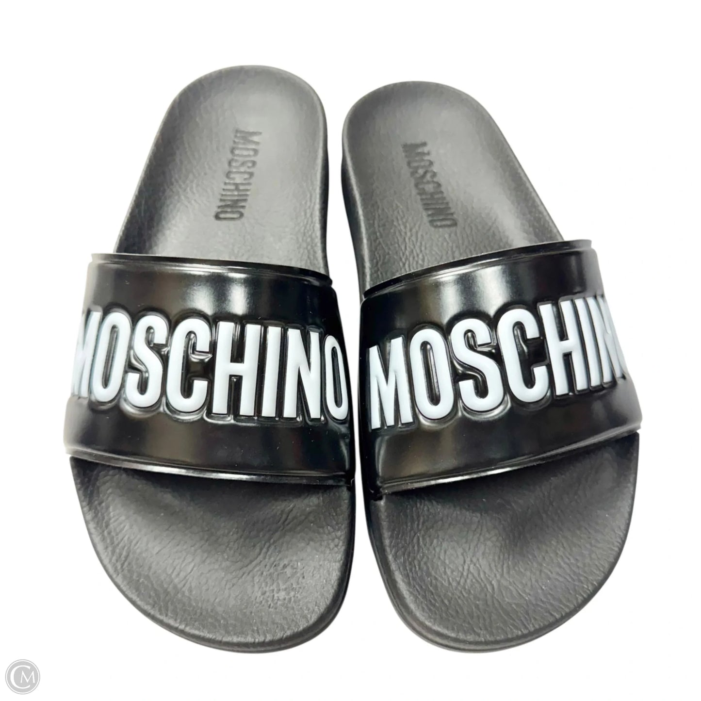 Sandals Luxury Designer By Moschino In Black, Size: 5.5