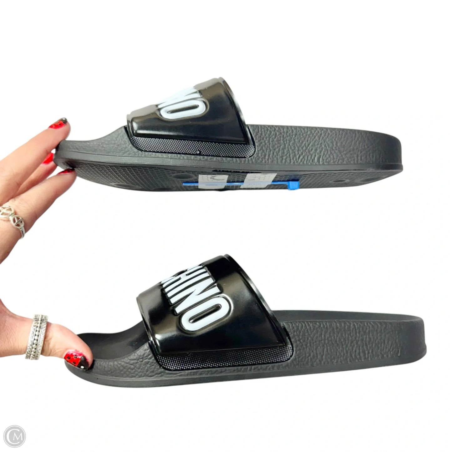 Sandals Luxury Designer By Moschino In Black, Size: 5.5