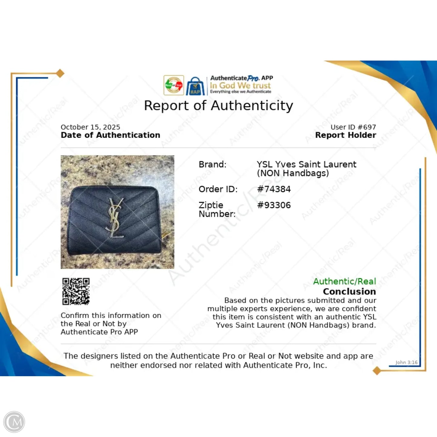 Wallet Luxury Designer By Yves Saint Laurent, Size: Small
