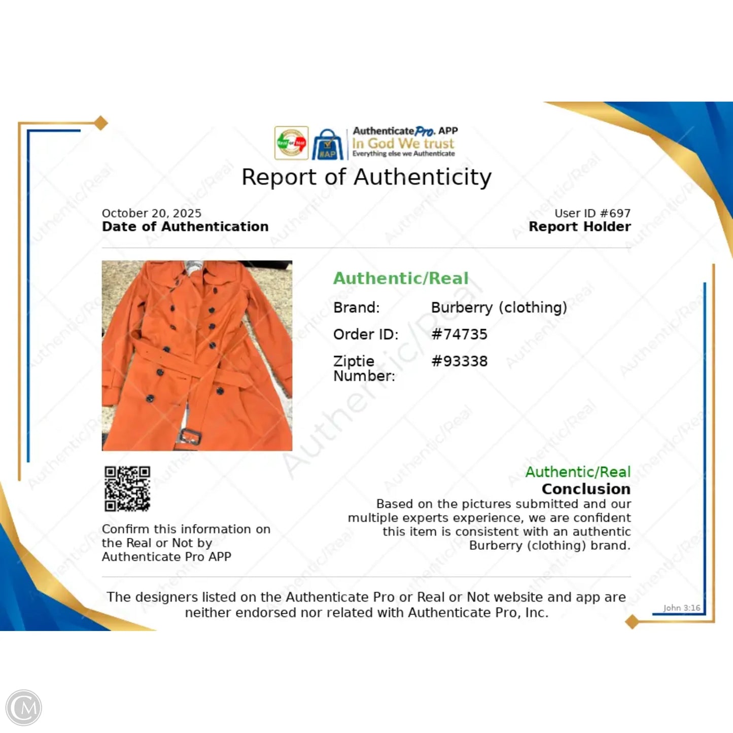 Coat Luxury Designer By Burberry In Orange, Size: L