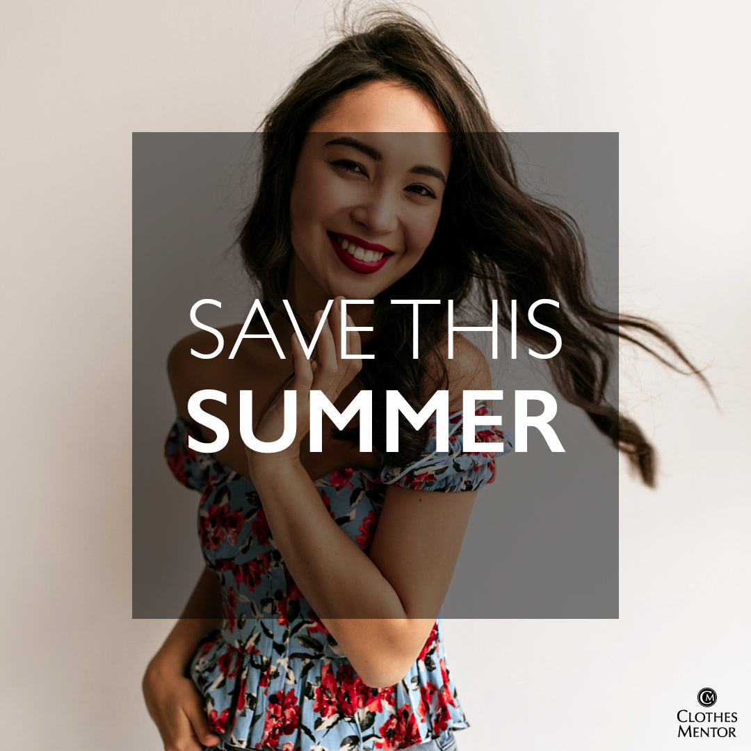 Gorgeous woman with text save this summer