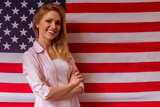 woman in front of flag