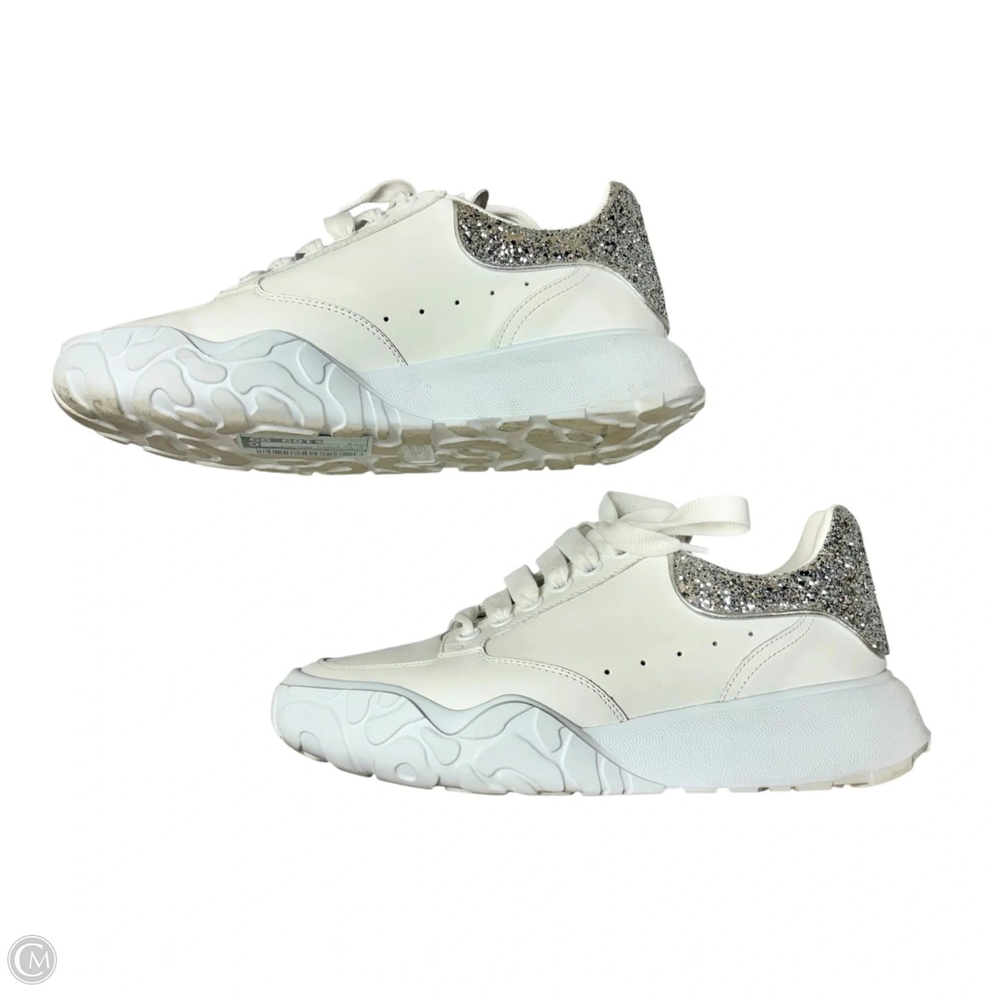 Shoes Luxury Designer By Alexander Mcqueen In Silver & White, Size: 9