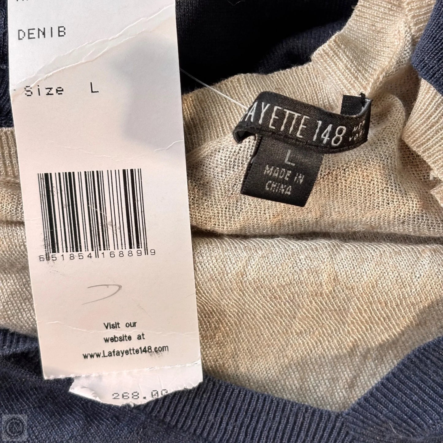 Top Long Sleeve Designer By Lafayette 148 In Blue & Cream, Size: L