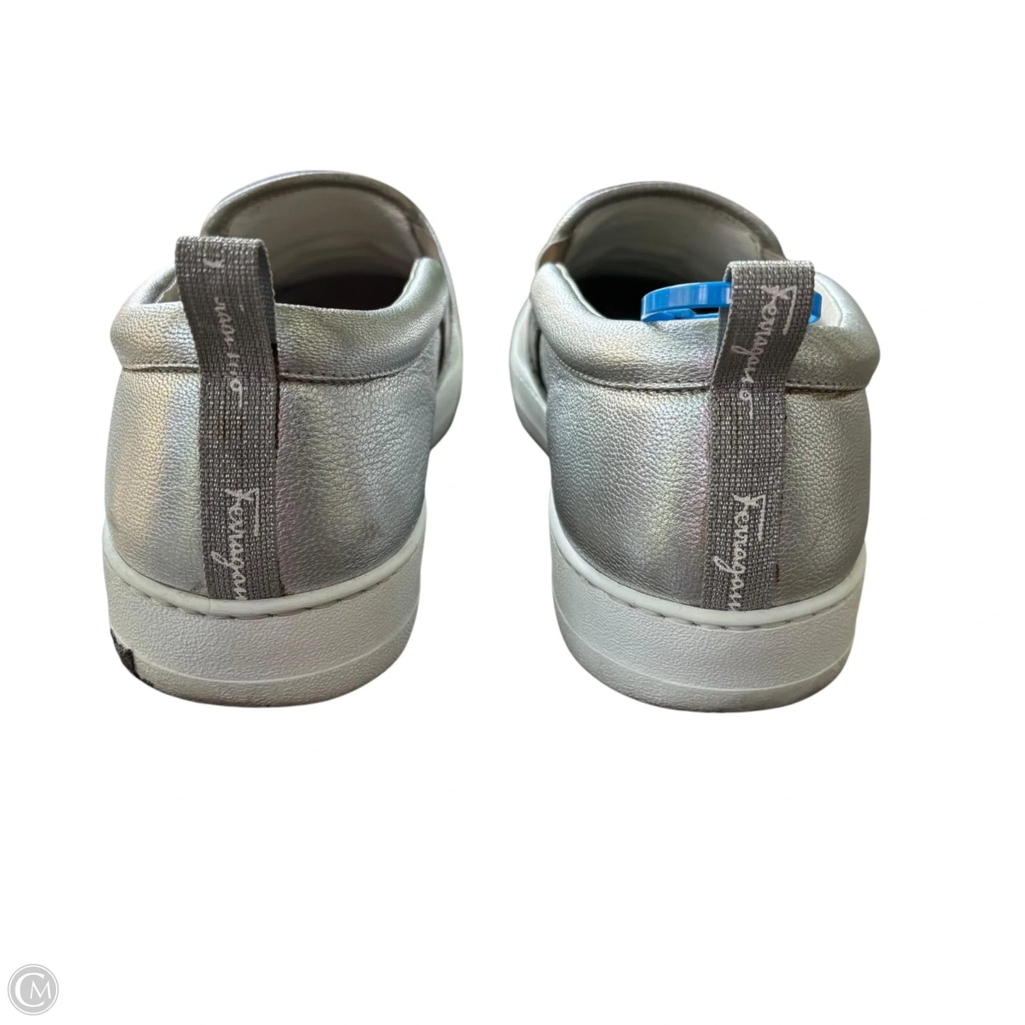 Shoes Luxury Designer By Ferragamo In Silver, Size: 9