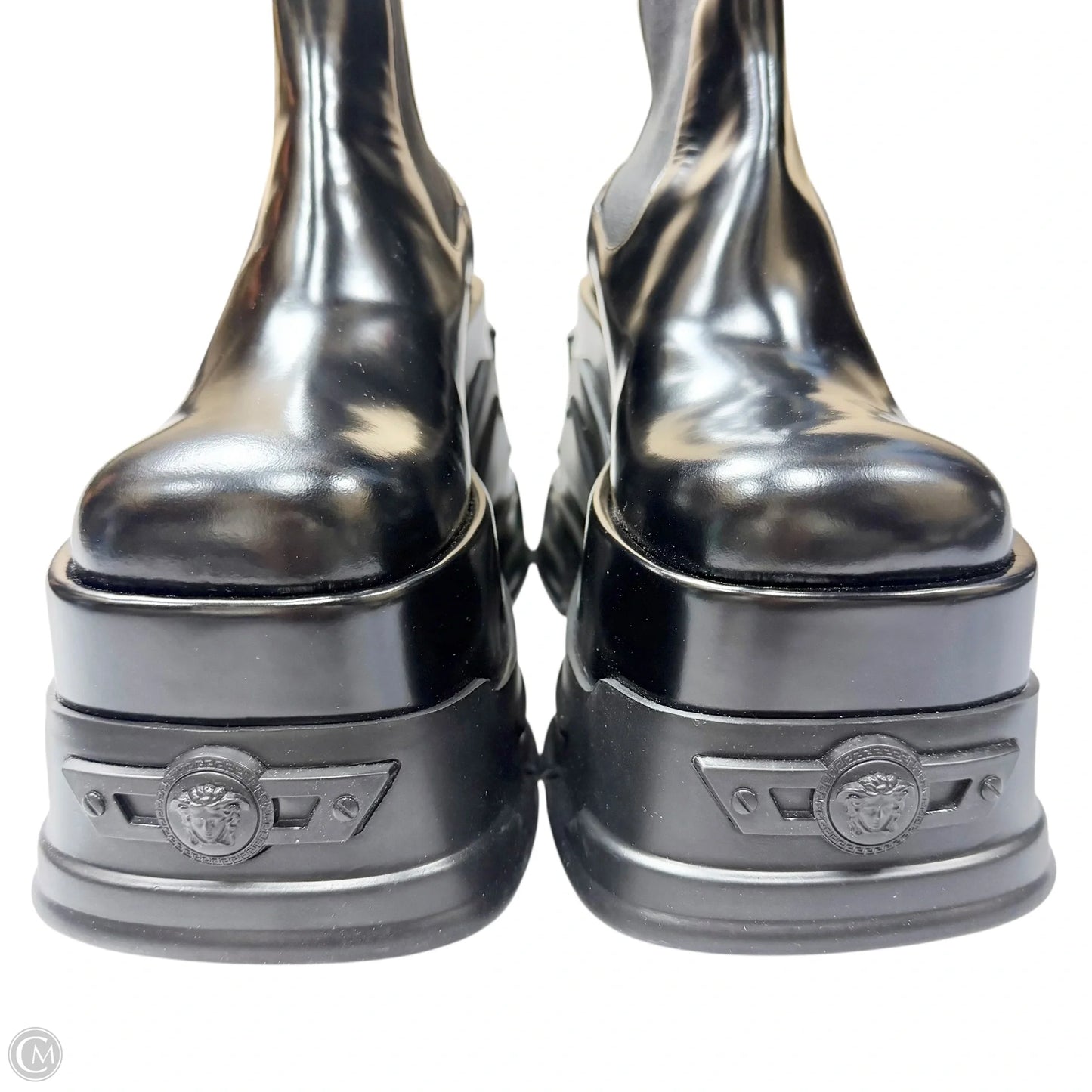 Boots Luxury Designer By Versace In Black, Size: 7.5