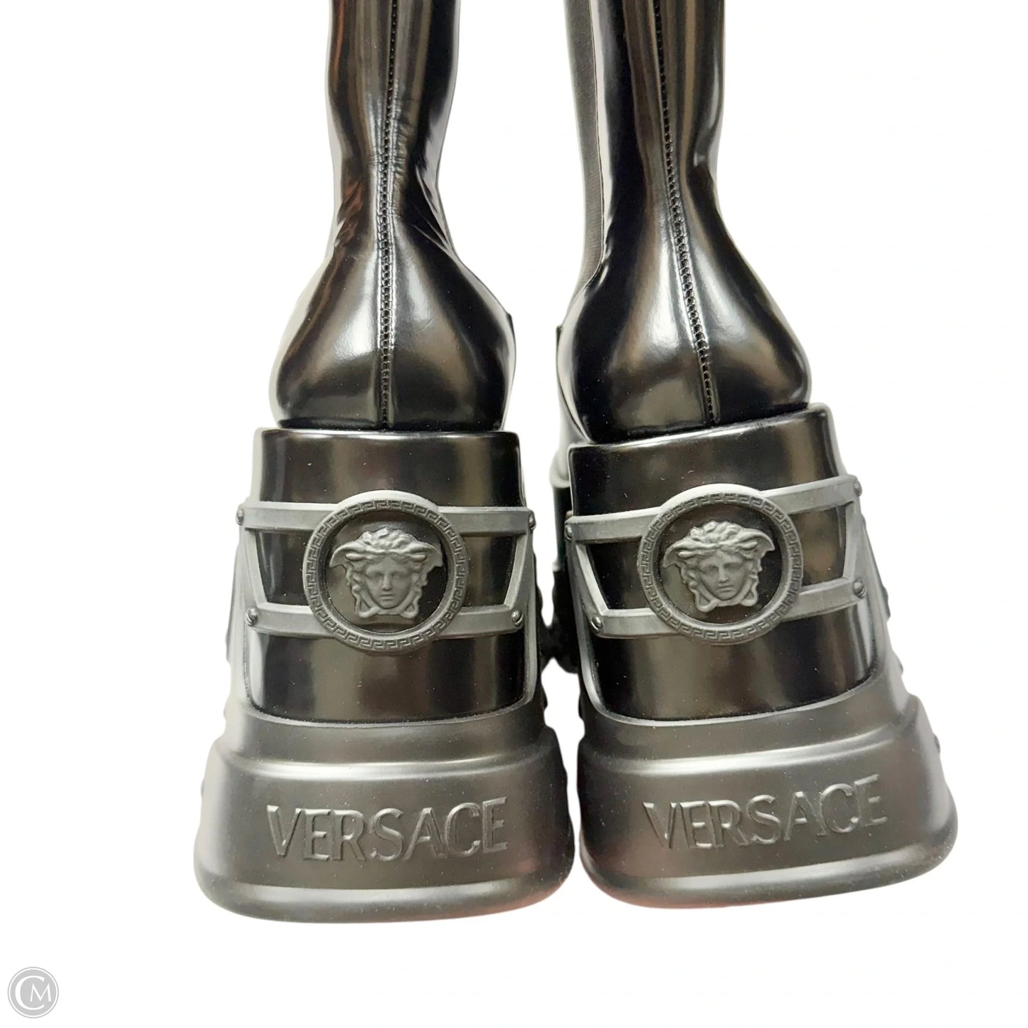 Boots Luxury Designer By Versace In Black, Size: 7.5