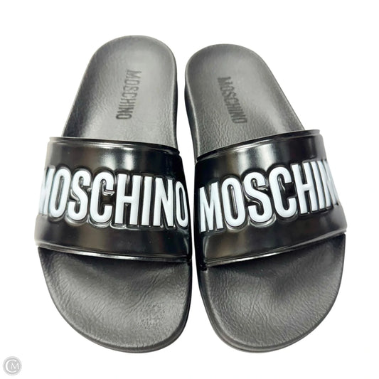 Sandals Luxury Designer By Moschino In Black, Size: 5.5