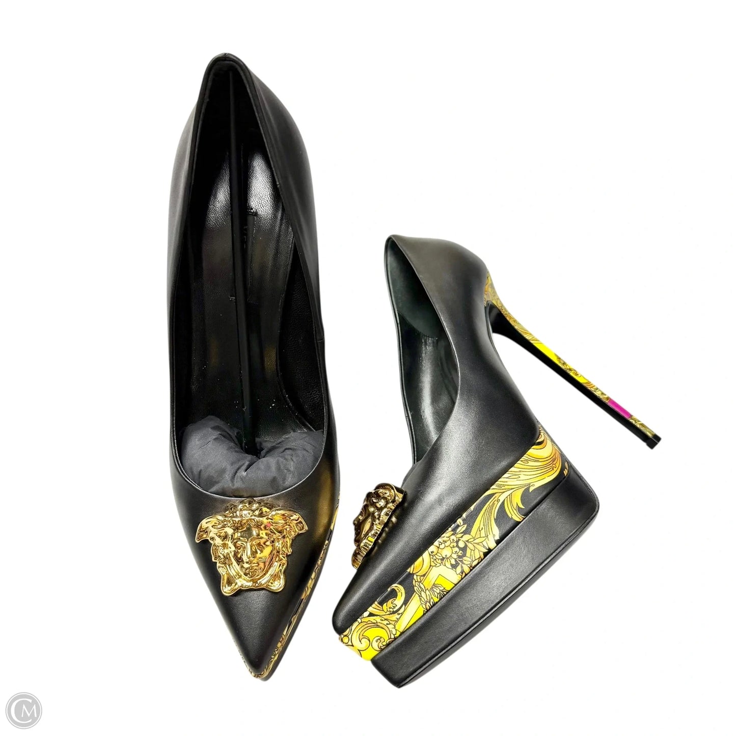 Shoes Luxury Designer By Versace In Black & Yellow, Size: 8.5