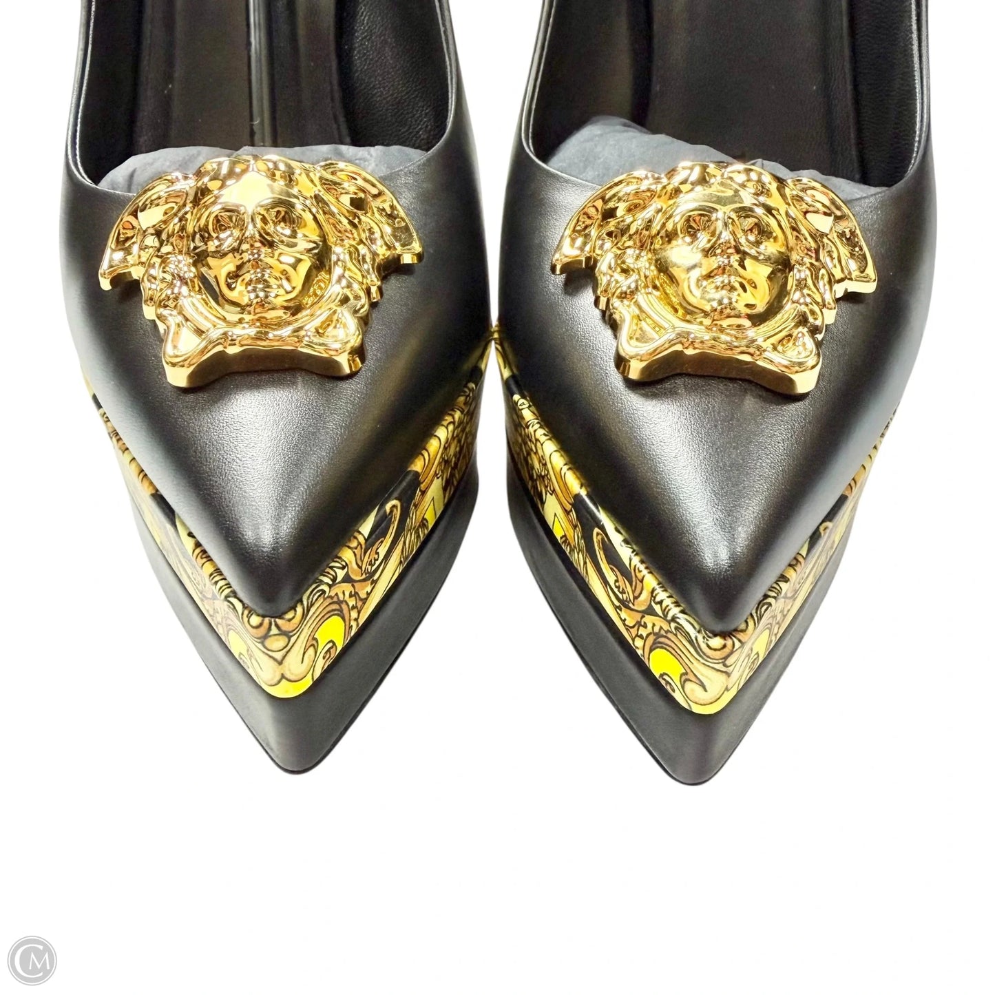 Shoes Luxury Designer By Versace In Black & Yellow, Size: 8.5