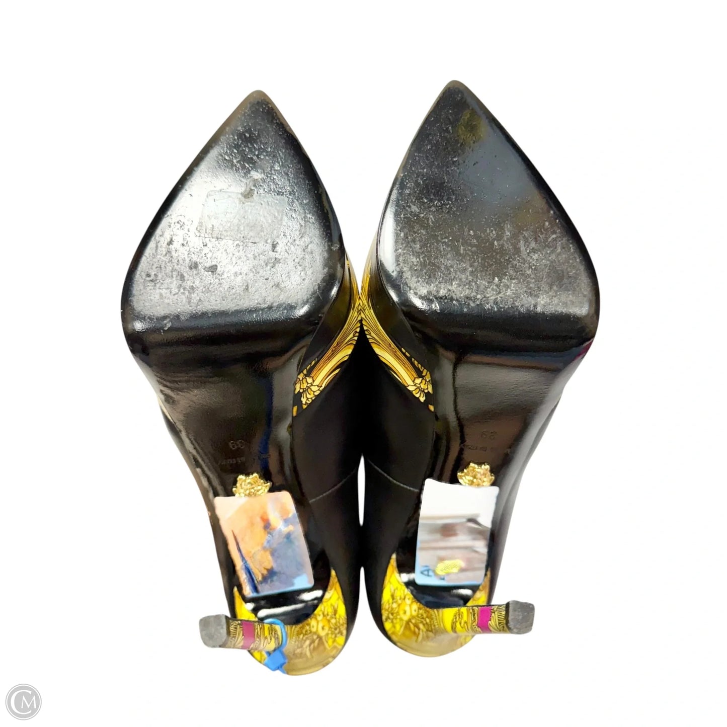 Shoes Luxury Designer By Versace In Black & Yellow, Size: 8.5