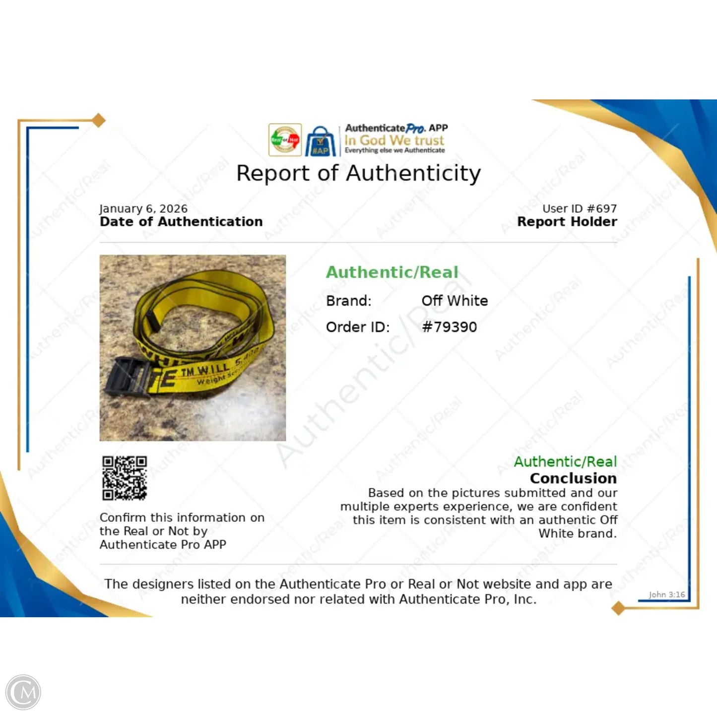 Belt Luxury Designer By Off-white, Size: Osfm