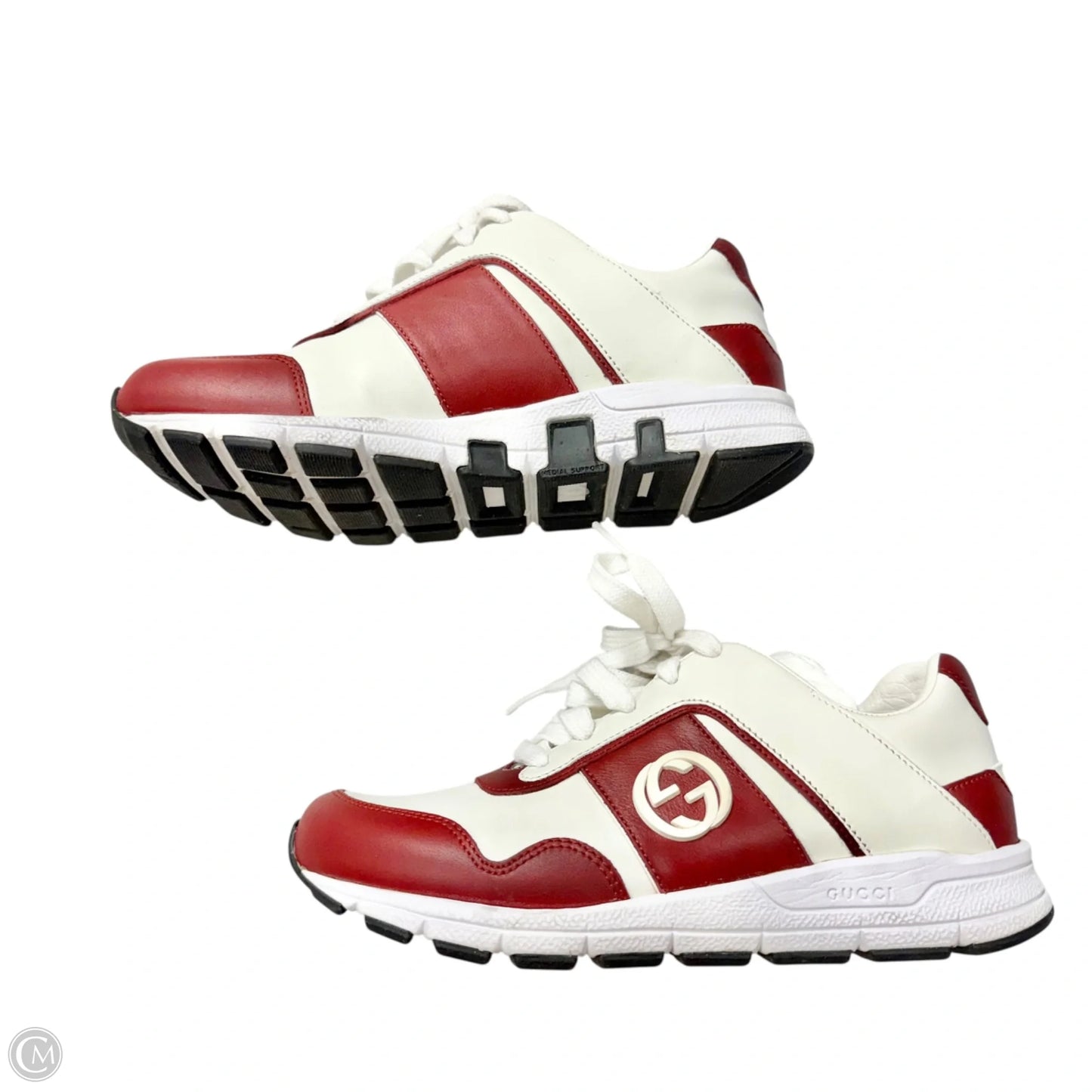 Shoes Luxury Designer By Gucci In Red & White, Size: 5.5