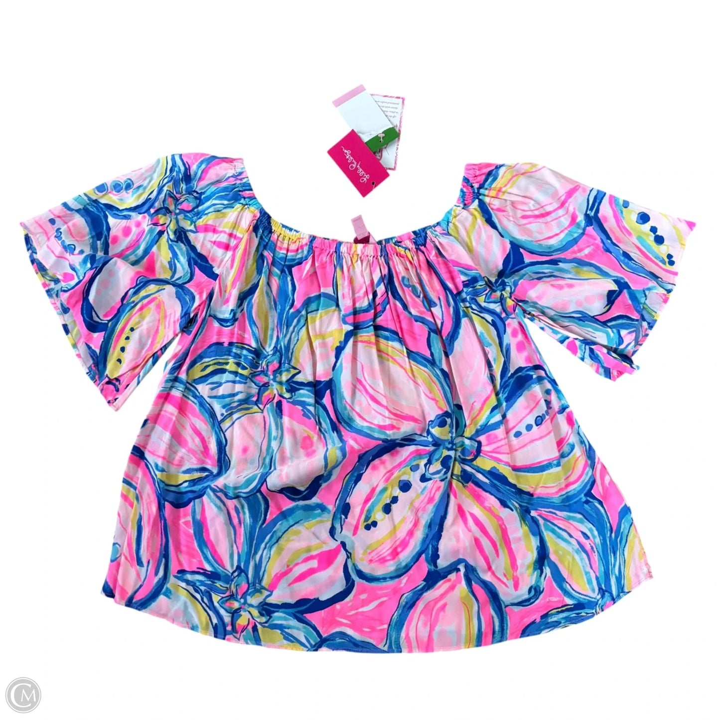 Top Short Sleeve Designer By Lilly Pulitzer In Blue & Pink, Size: M