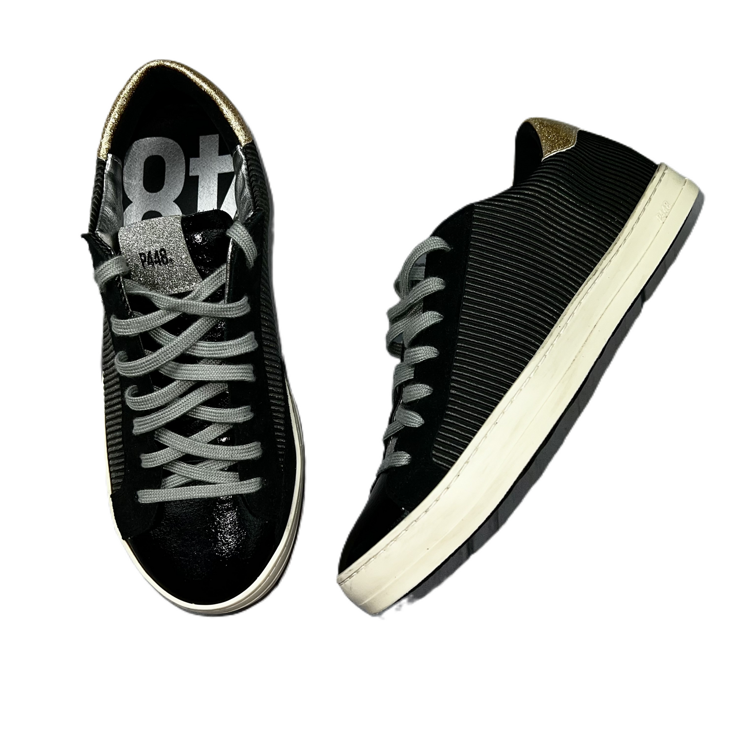 Black & Gold Shoes Sneakers By P448, Size: 6.5