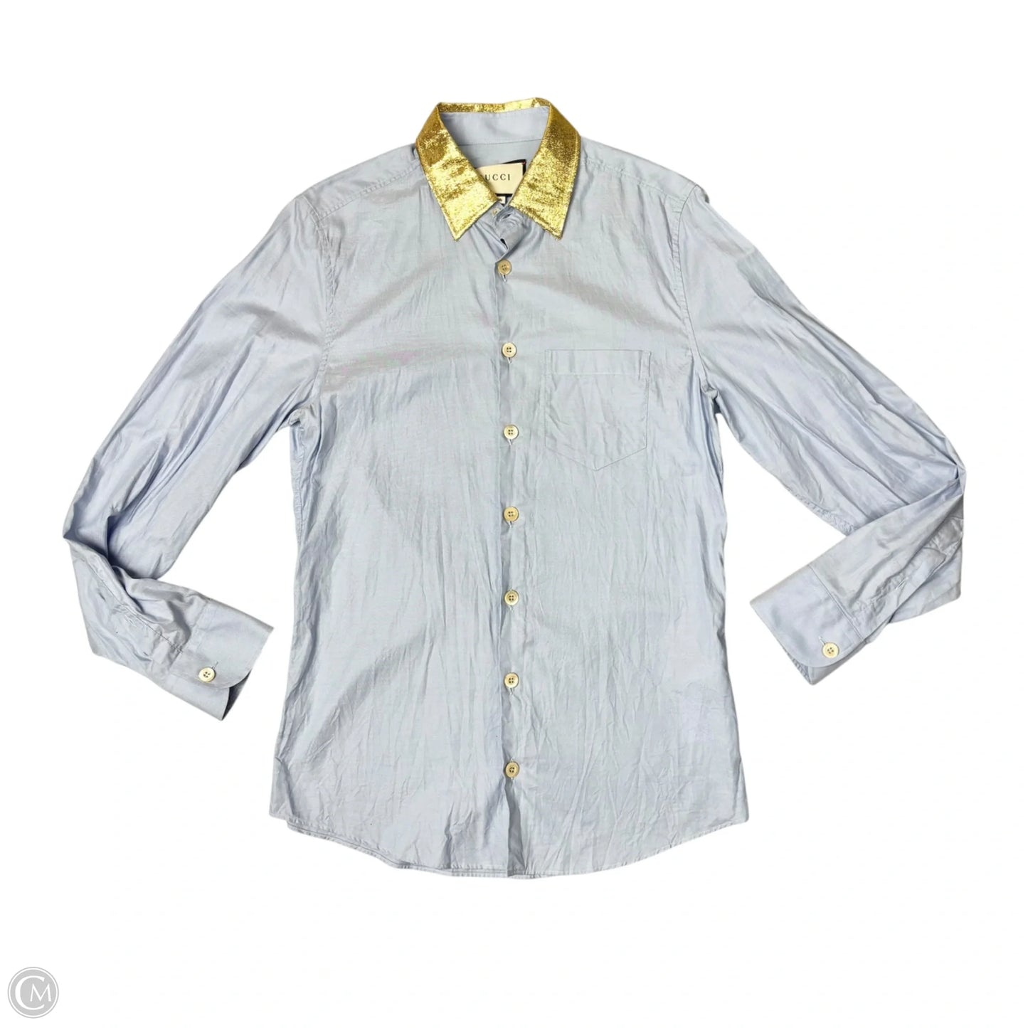 Top Long Sleeve Luxury Designer By Gucci In Blue & Gold, Size: M
