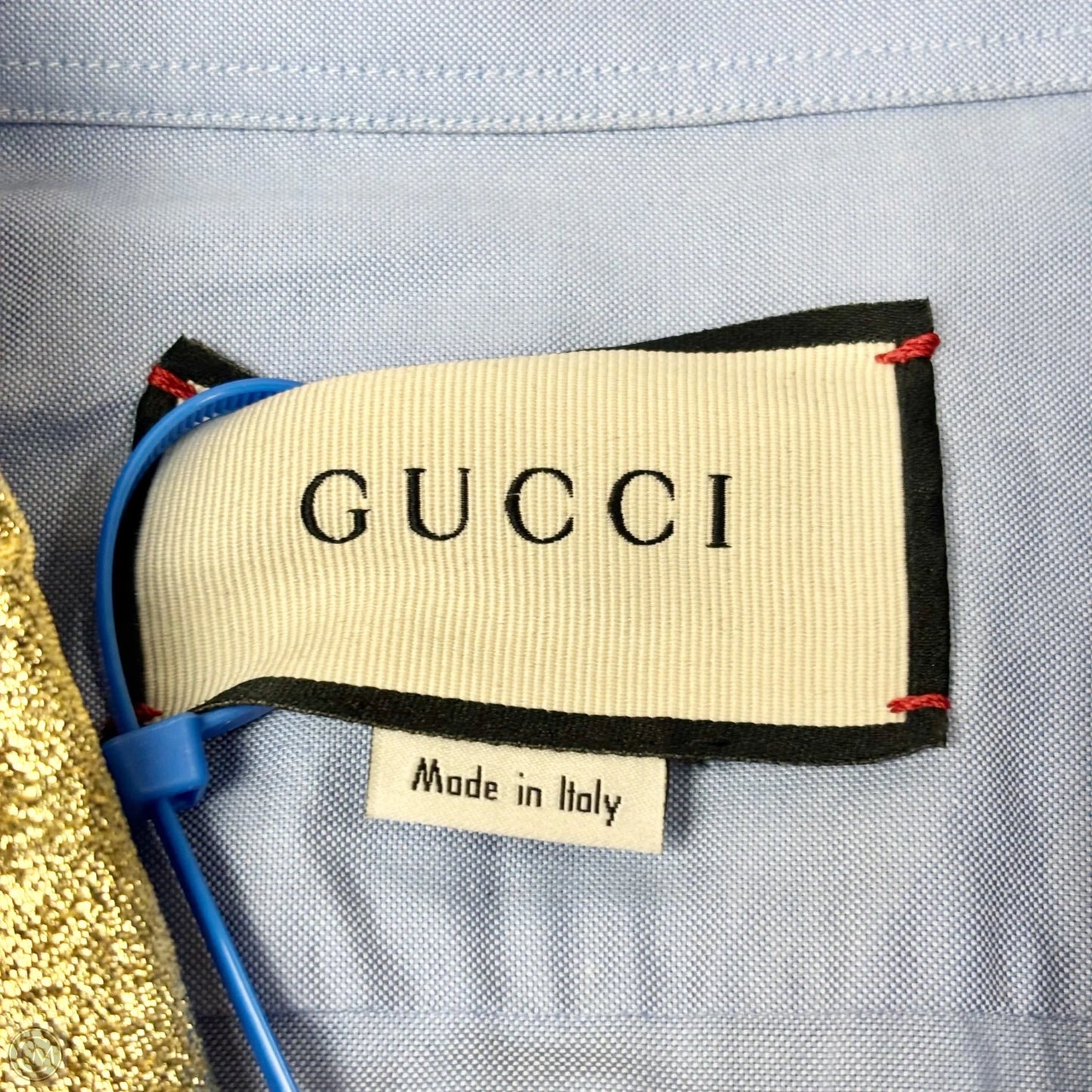 Top Long Sleeve Luxury Designer By Gucci In Blue & Gold, Size: M