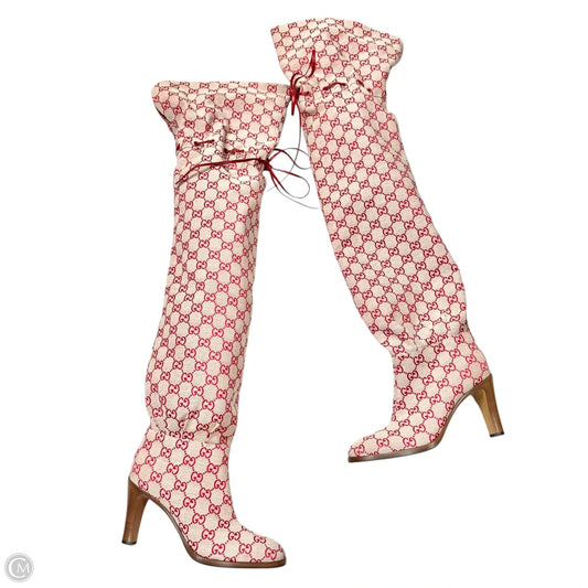 Boots Luxury Designer By Gucci In Red & White, Size: 8.5