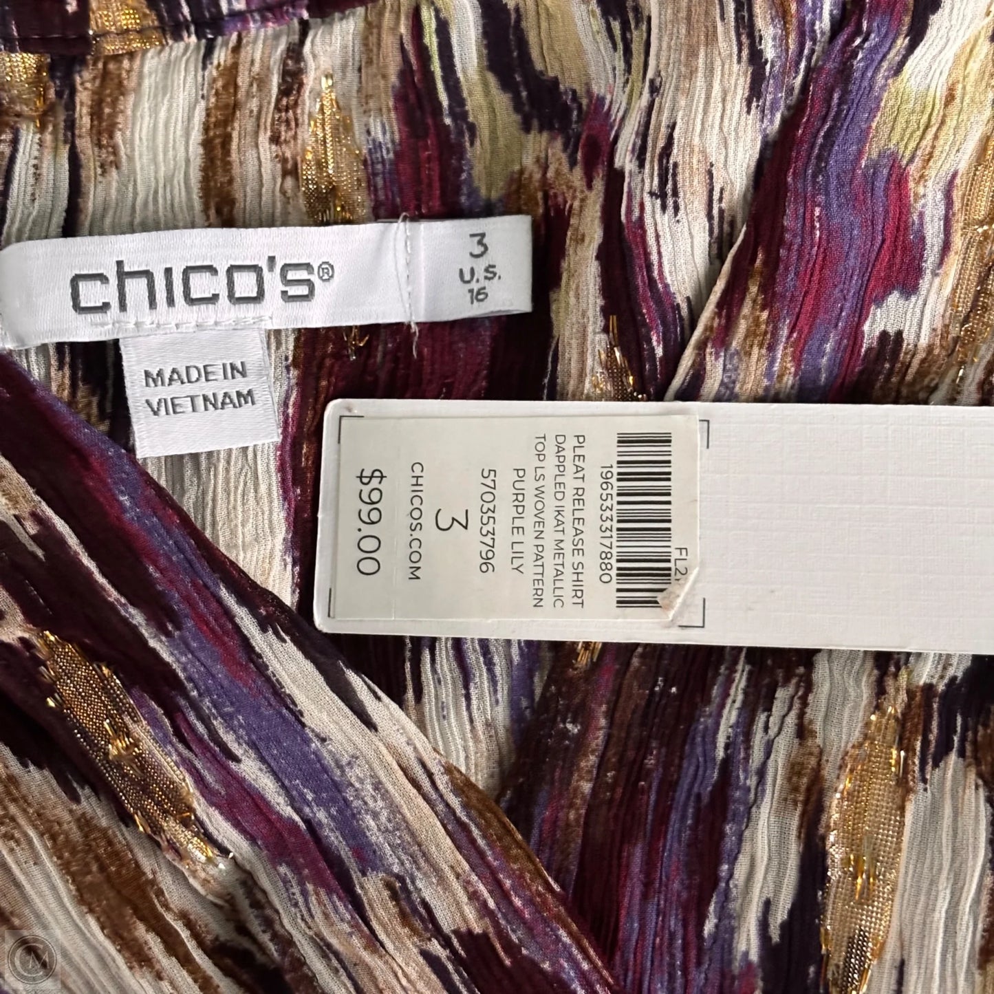 Blouse Long Sleeve By Chicos In Gold & Purple, Size: L