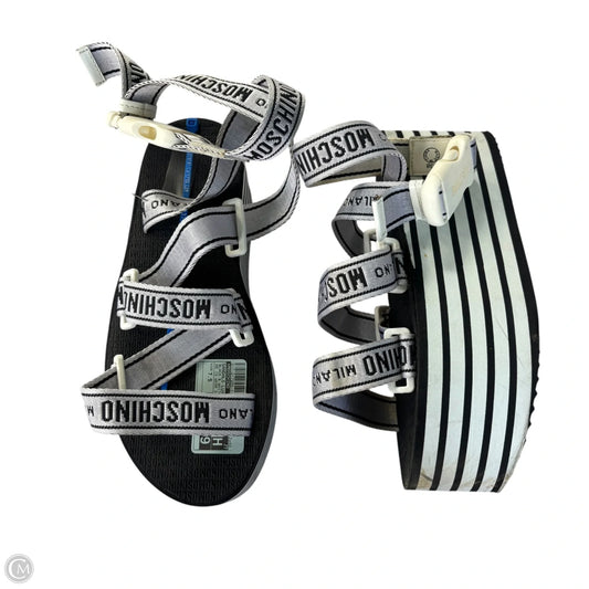 Sandals Luxury Designer By Moschino In Black & White, Size: 7.5