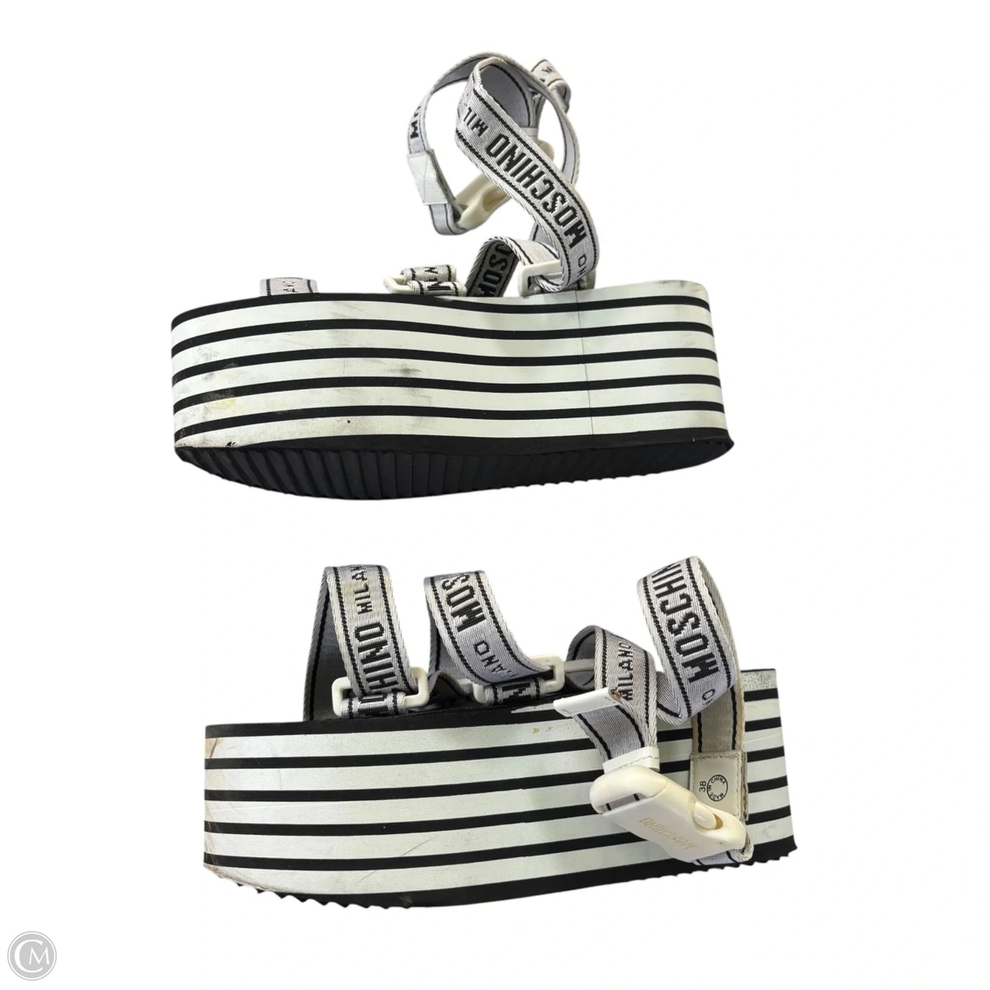 Sandals Luxury Designer By Moschino In Black & White, Size: 7.5