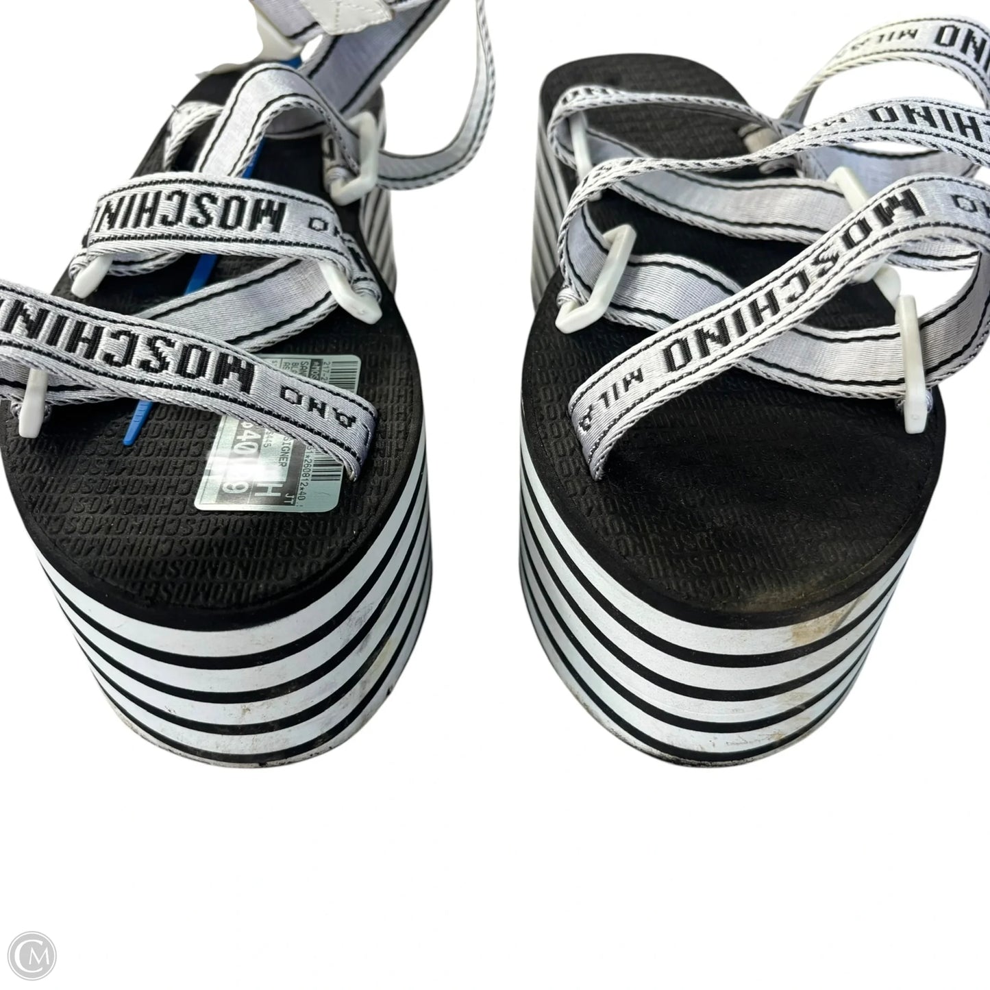 Sandals Luxury Designer By Moschino In Black & White, Size: 7.5