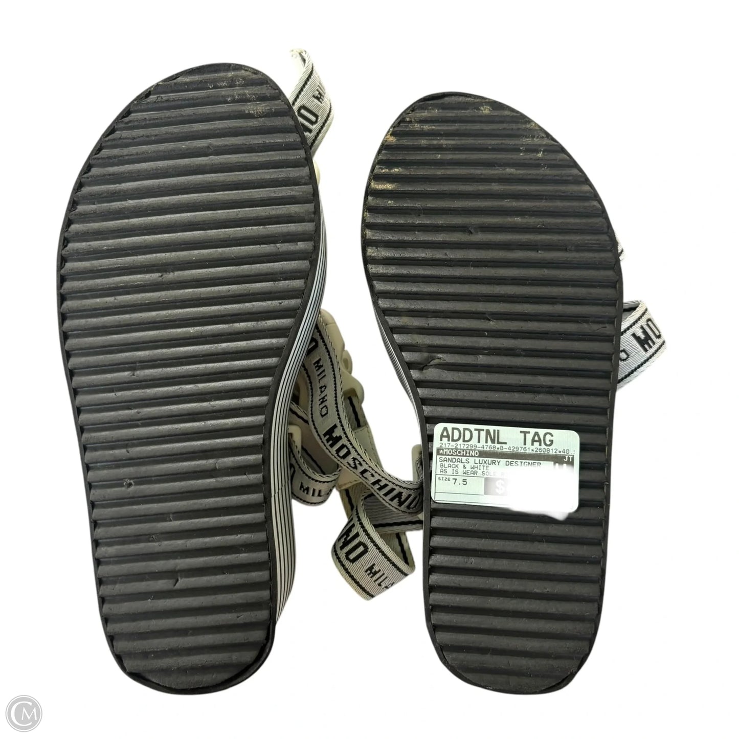 Sandals Luxury Designer By Moschino In Black & White, Size: 7.5