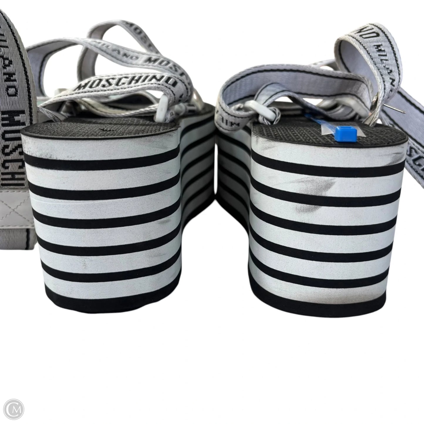 Sandals Luxury Designer By Moschino In Black & White, Size: 7.5