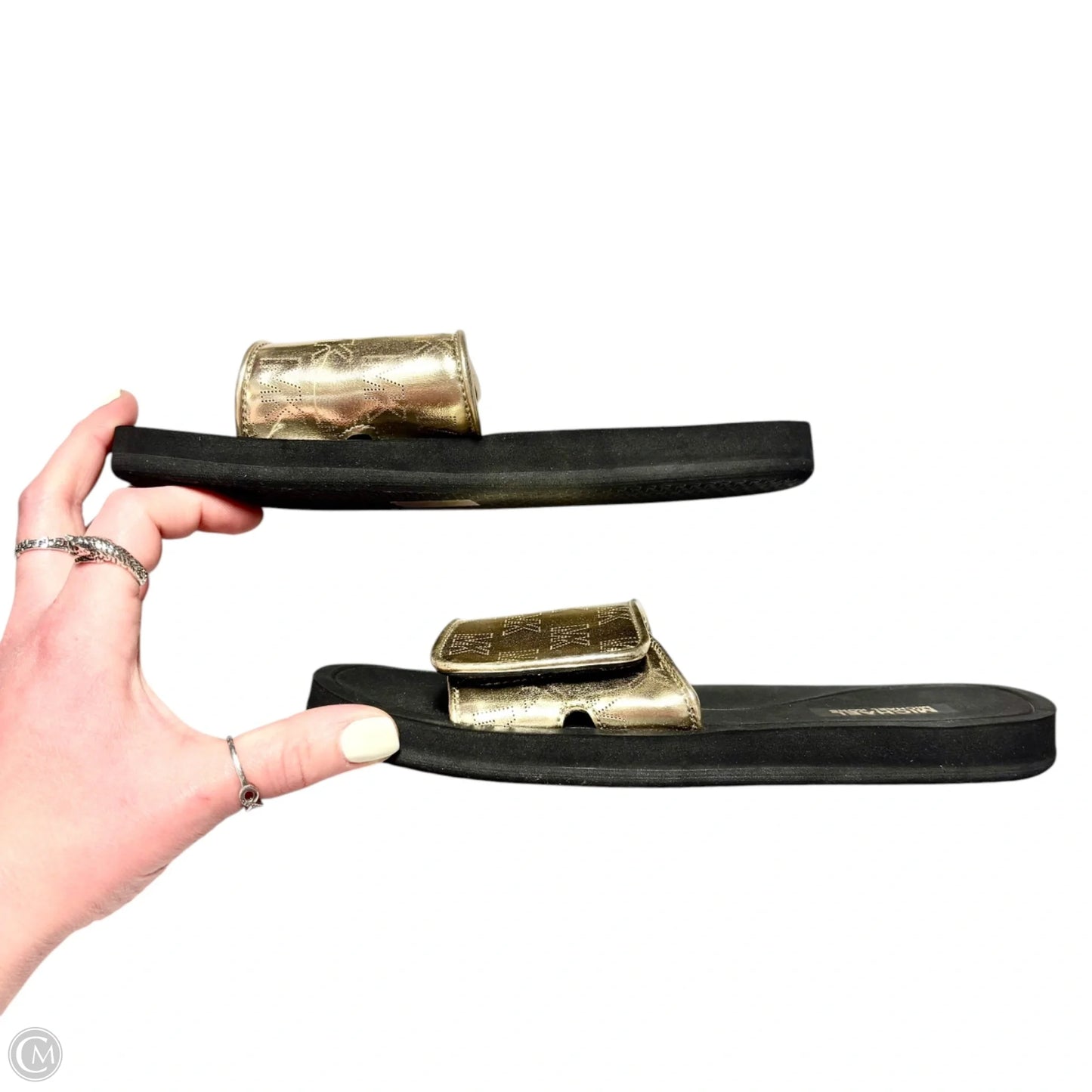 Sandals Flats By Michael By Michael Kors In Black & Gold, Size: 6