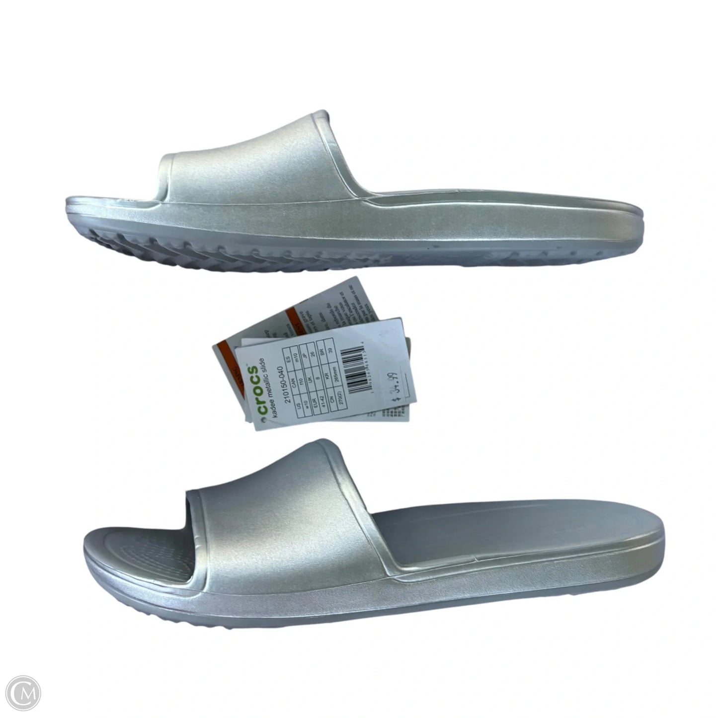 Sandals Flip Flops By Crocs In Silver, Size: 10