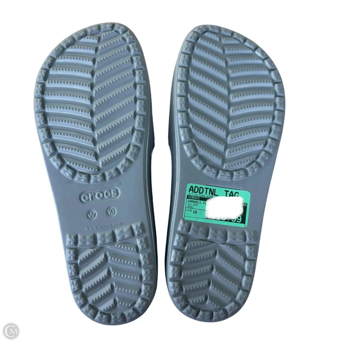 Sandals Flip Flops By Crocs In Silver, Size: 10