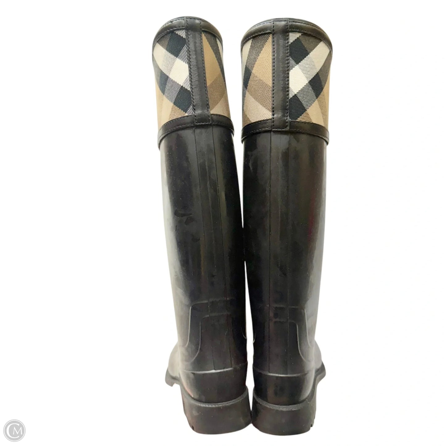 Boots Luxury Designer By Burberry In Black & Brown, Size: 7.5